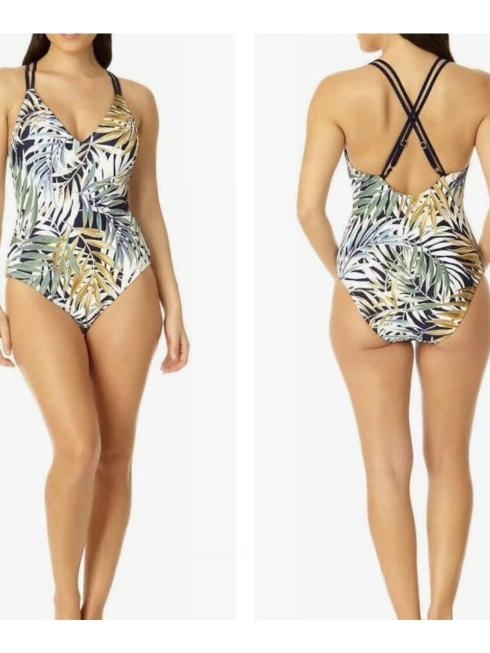 Hurley | One-Piece Swimsuit Cayman Palms Print V Neck Double Spaghetti Straps, S